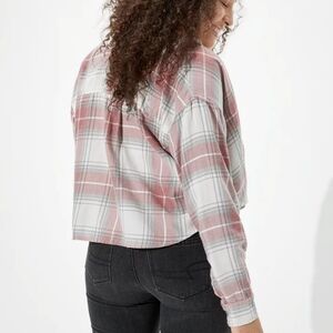 AE Plaid Cropped Button Up Shirt Muted Red Gray Size Medium